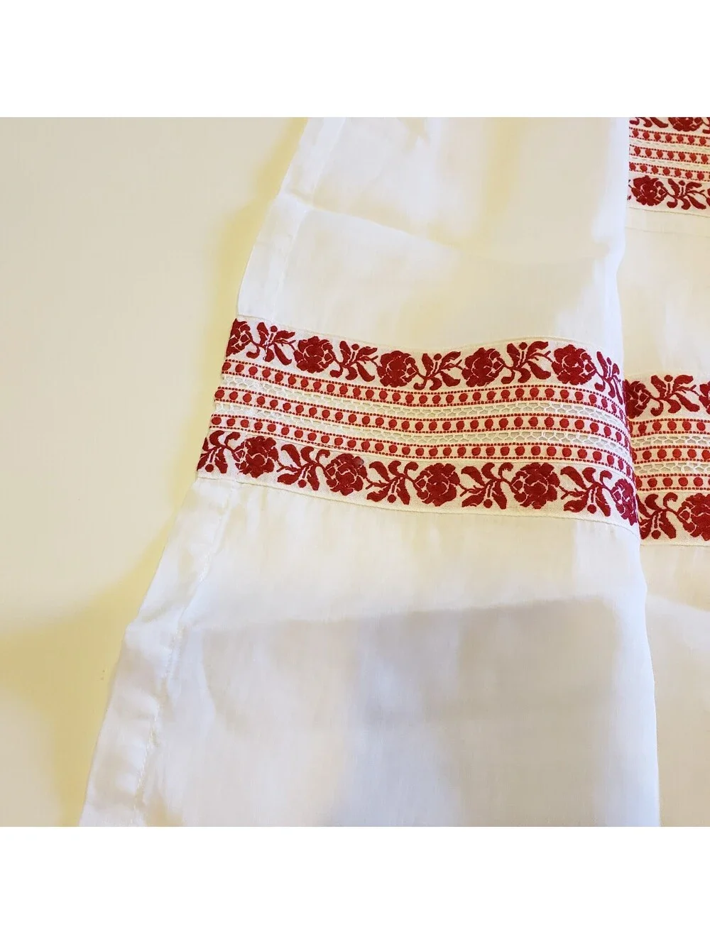 Vintage Chiffon Apron Red Woven Ribbon Lace Accents Pocket Kitsch Organdy